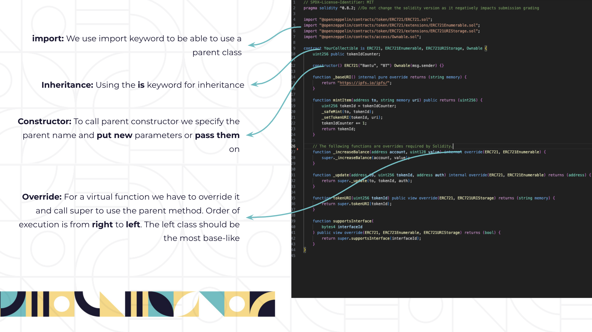 Solidity inheritance: import, is keyword, constructor chaining, override and super